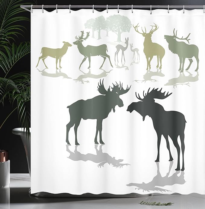 Ambesonne Antlers Shower Curtain, Elk Deer and Fawn Silhouette Forest at The Background World Natural Habitat Theme, Cloth Fabric Bathroom Decor Set with Hooks, 69" W x 75" L, Green Black