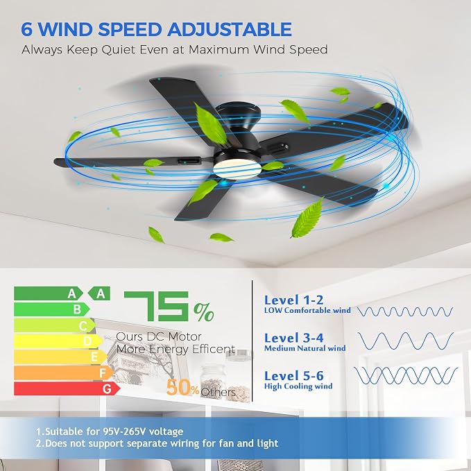 Ayaoty Ceiling Fan with Light - 52" Black Flush Mount Fandliers | 3CCT Dimmable, Reversible, Low Profile Fan Light for Indoor Modern Bedroom, Kitchen