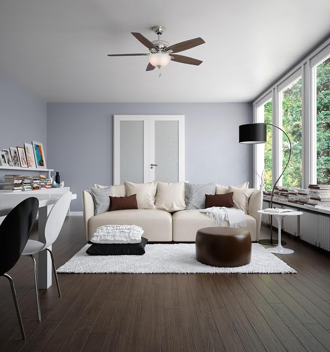 Hunter 52 inch Indoor Ceiling Fan with LED Light - Ceiling Fan with Pull Chain, For Bedroom or Living Room, Standard Mount, No Remote, 5 Blades, Includes Bulbs - Newsome 53312, Brushed Nickel