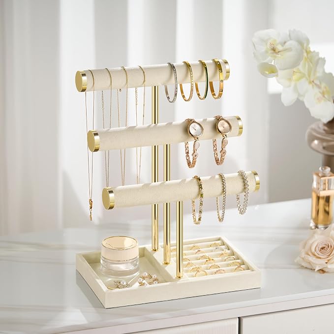 Jewelry Organizer Stand Display, 3 Tier Velvet Bracelet Holder, Beige | Jewelry Organizers and Storage | Jewelry Tree | Jewelry Towers for Necklaces, Bracelets, Earrings, Rings