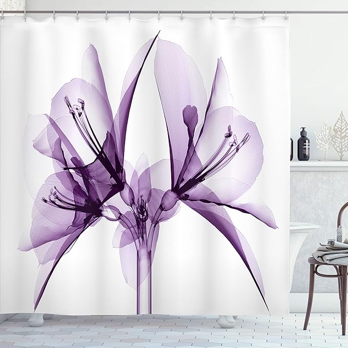 Ambesonne Flower Shower Curtain, Illustration of a Blooming Flower X-ray Vision of Nature Solarized Pattern, Cloth Fabric Bathroom Decor Set with Hooks, 69" W x 70" L, Violet White