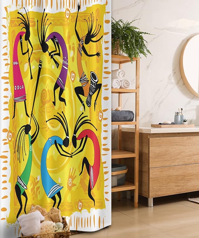 Ambesonne Ethnic Stall Shower Curtain, Dancing and Playing Ethno Music Instruments on Tribal Pattern Artwork, Fabric Bathroom Decor Set with Hooks, 36" W x 72" L, Purple Yellow and Black