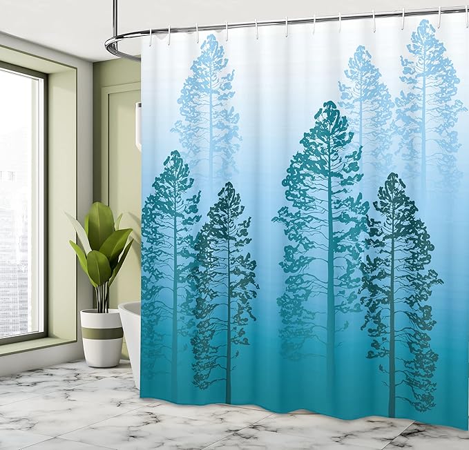 Ambesonne Country Shower Curtain, Pine Trees in The Forest on Foggy Seem Ombre Backdrop Wildlife Adventure Artwork, Cloth Fabric Bathroom Decor Set with Hooks, 69" W x 75" L, Azure Blue