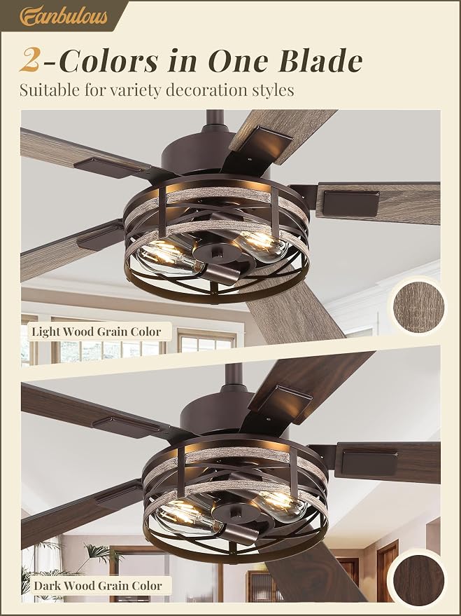 Fanbulous Farmhouse Ceiling Fans with Light, 48 Inch Bedroom Ceiling Fan with Lights, 6-Speed Adjustable, Quiet and Reversible DC Motor, 5 Dual Finish Blades, Rustic Caged Ceiling Fan，Oil Bronze
