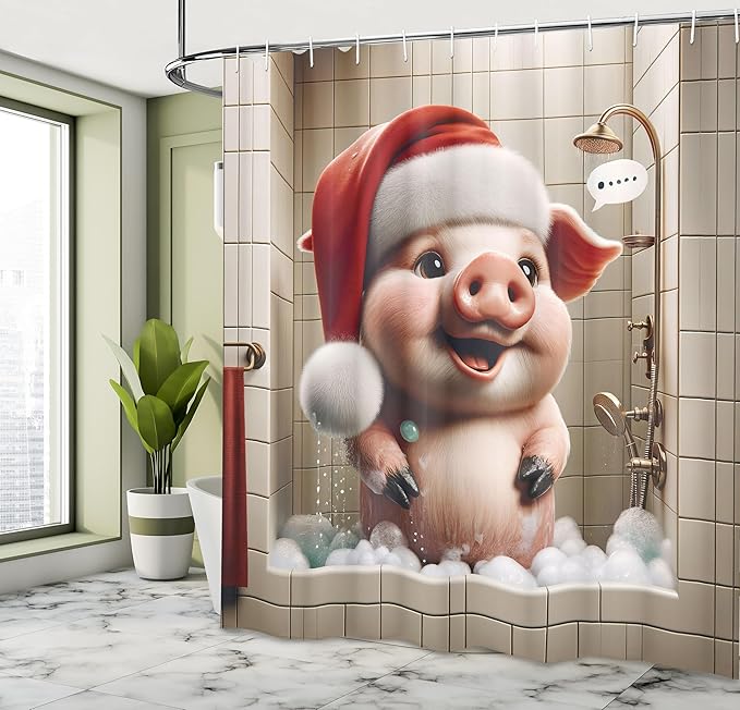 Ambesonne Christmas Shower Curtain, Funny Pig Wearing a Santa Hat in The Shower with Bubbles Whimsical, Cloth Fabric Bathroom Decor Set with Hooks, 69" W x 84" L, Vermilion Blush Eggshell