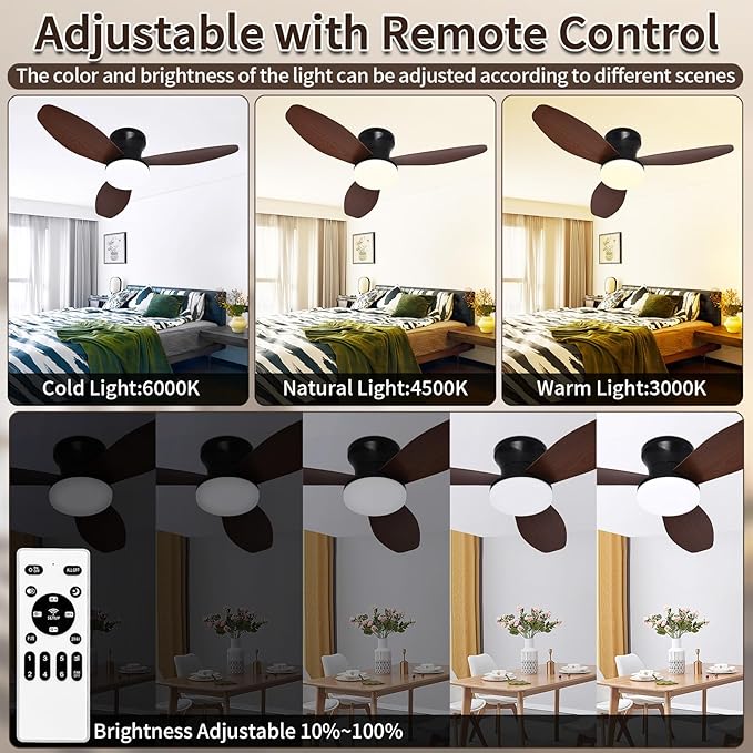 Small Ceiling Fan with Light and Remote, 32'' Flush Mount, 6 Speeds | Reversible Quiet DC Motor,Modern,3 Blades,Dimmable LED,Adjustable Color Temperature,Timer for bedroom Kitchen indoor outdoor