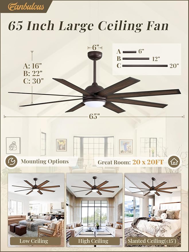 Fanbulous 65 Inch Ceiling Fans with Lights and Remote, Bronze Indoor/Outdoor Ceiling Fan with Quiet Reversible DC Motor, 6 Speeds, 3CCT, 8 Blades Large Ceiling Fan for Living Room Bedroom Patio