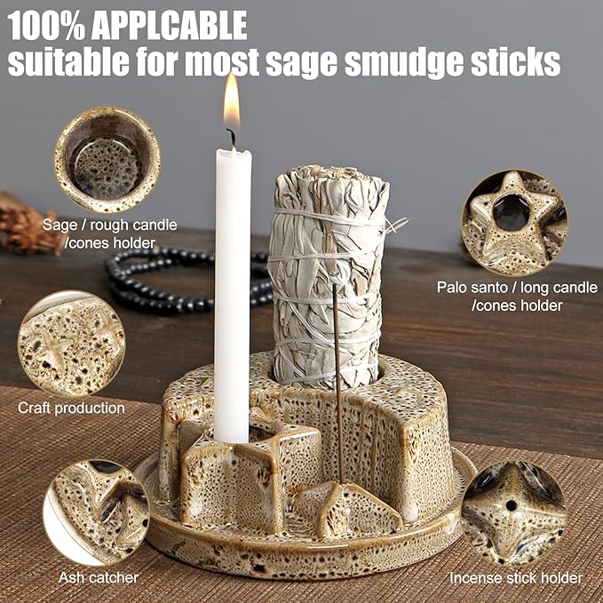 4 in 1 Incense Holder, Palo Santo Holder, Ceramic Incense Burner, Ash Catcher Tray for Meditation Room, Candle Holder for Burning Sage (Speckled Beige)