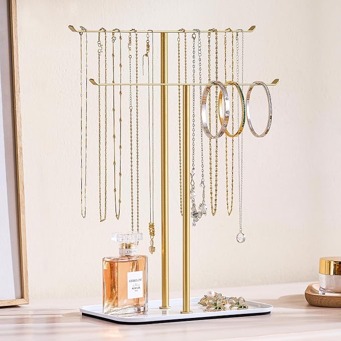 pickpiff Necklace Holder Jewelry Organizer Stand – 2‑Tier T‑Bar Jewelry Display Tree with Tray for Countertop Necklace Bracelet Earring Storage, Vanity Dresser Bathroom Sink, Gold
