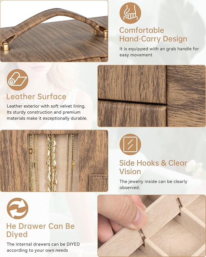 AKOZLIN 6-Tier Jewelry Box Organizer Functional 5 Drawers Leather Jewelry Storage Case for Women Girls Ring Necklace Earring Bracelet Holder Organizer with Mirror Wood Grain 360° Rotating