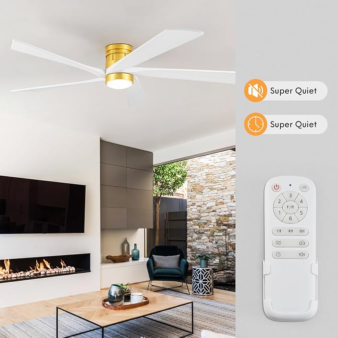 EKIZNSN 72 Inch Modern Low Profile Ceiling Fan with Lights for Living Room, 5 Walnut Wood Blades, 6-Gear Speed, 110V Noiseless Reversible DC Motor (Gold Finish with White Blades)