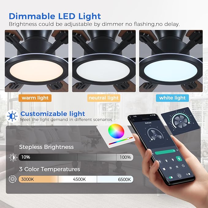 Ayaoty Ceiling Fans with Lights -60in Flush Mount Ceiling Fan with RGB Dimmable, 3CCT 6 Wind Speeds and Reversible Quiet Motor, Low Profile RGB Fan Light for Modern Indoor, Party - Brown