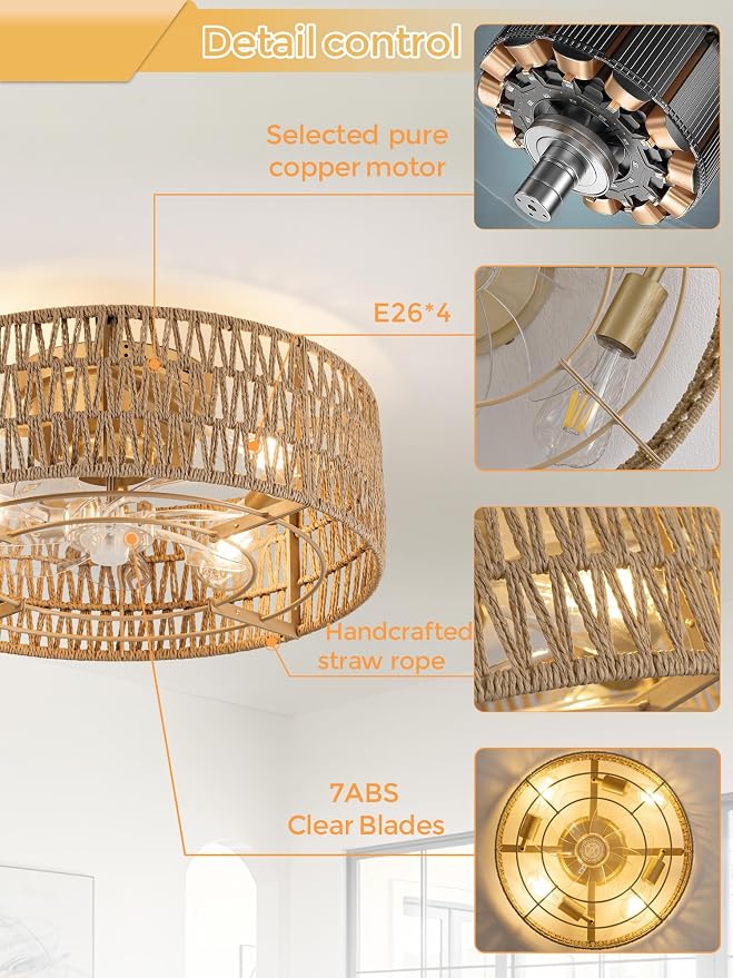 Boho Caged Ceiling Fans with Lights Flush Mount, Hand-Woven Rattan Ceiling Fans with Light and Remote Control, Enclosed Timing 6 Speeds Reversible for Living Room Bedroom Dining Room
