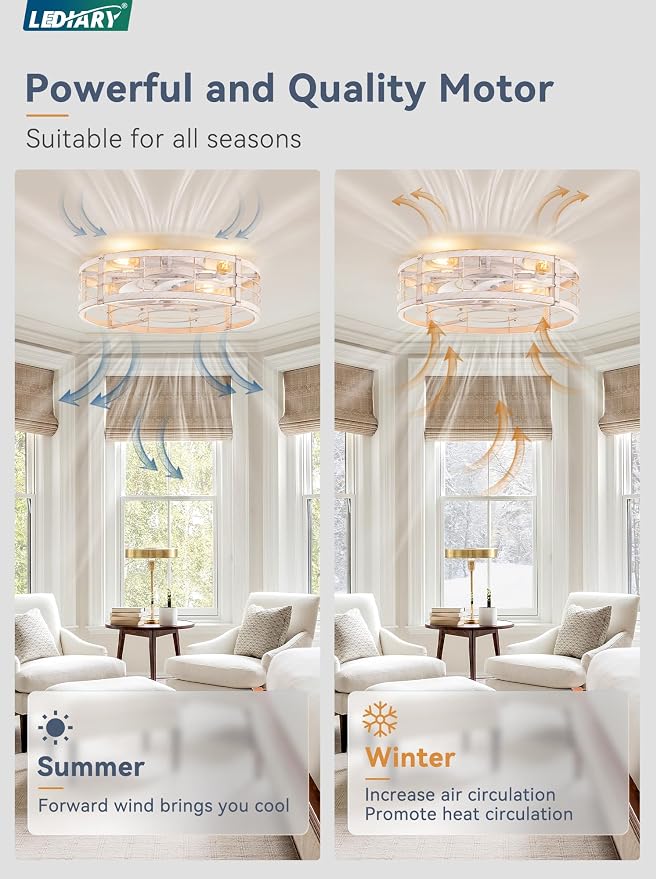 LEDIARY 20" Caged Ceiling Fan with Light and Remote, Low Profile Flush Mount Fandelier, White Gold Bladeless Enclosed Small Fan Lights Ceiling Fixtures, Rustic Farmhouse Style for Bedroom, Outdoor