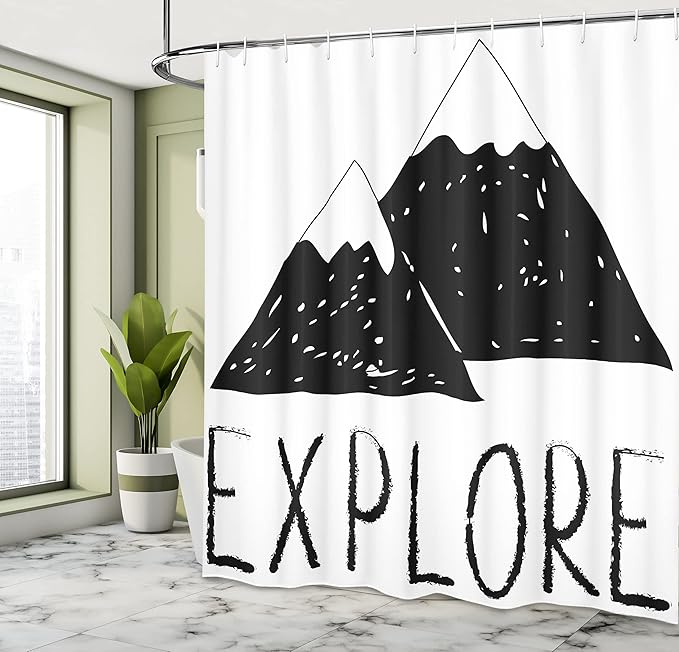 Ambesonne Adventure Shower Curtain, Explore Lettering Wild Forest Hand Drawn Simple Mountains Nature Theme, Cloth Fabric Bathroom Decor Set with Hooks, 69" W x 75" L, Black White