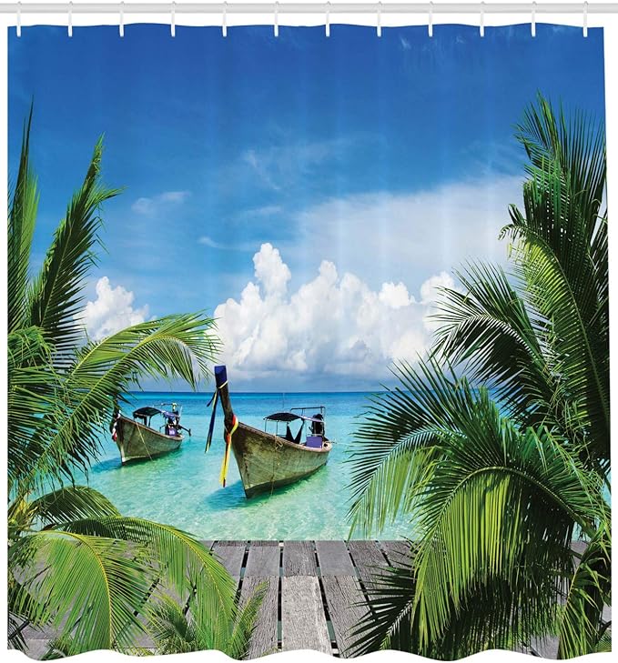 Ambesonne Tropical Shower Curtain, Beach and Tropical Sea Wooden Deck Floating Boats Sunshine Idyllic Daytime, Cloth Fabric Bathroom Decor Set with Hooks, 69" W x 84" L, Green Gray