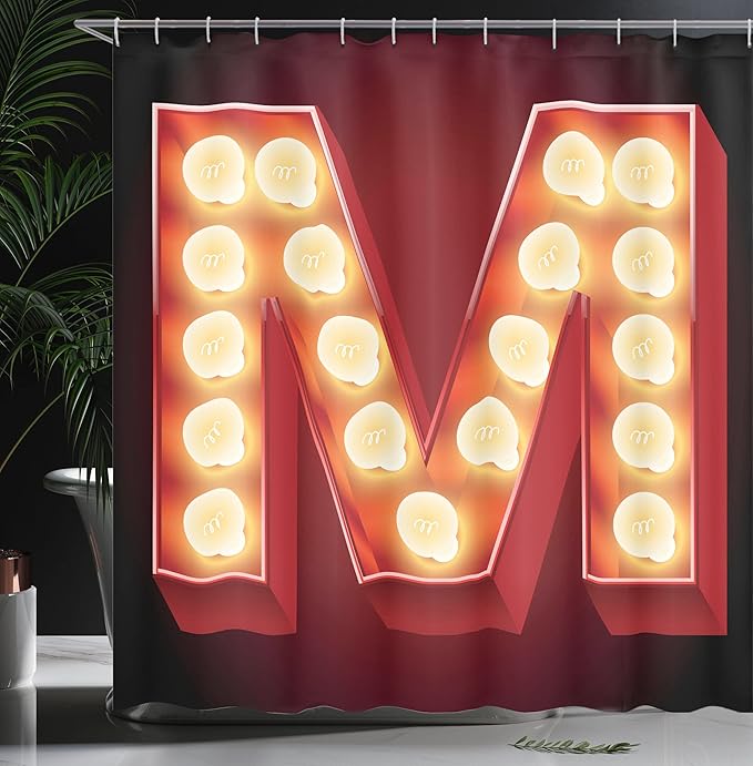 Ambesonne Letter M Shower Curtain, Vintage Alphabet Group of Old Movie Theaters Casinos Retro Type, Cloth Fabric Bathroom Decor Set with Hooks, 69" W x 70" L, Vermilion Yellow Black