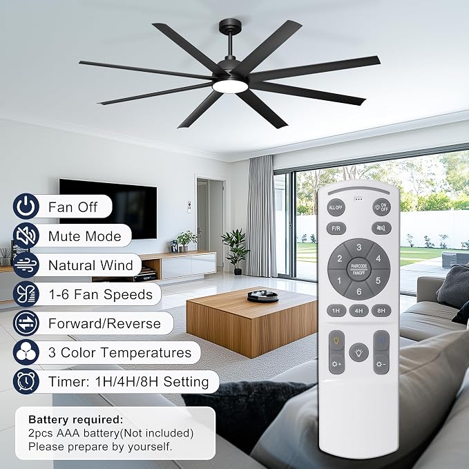 72'' Ceiling Fan with Light - Remote & APP Control, 3 CTT Dimmable, 6 Speed Reversible DC Motor Fan for Shop, Garage, Covered Outdoor, Black