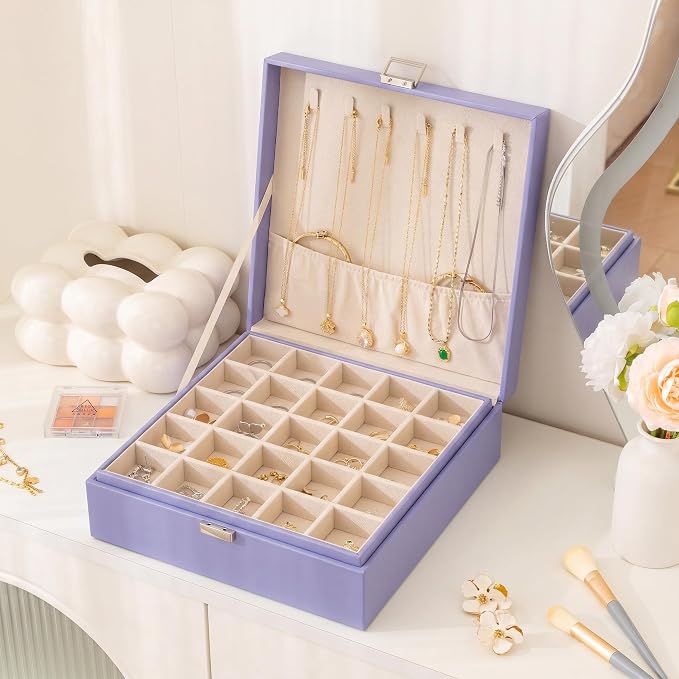 Frebeauty 50 Grid Earring Holder Organizer,2 Layer Jewelry Box for Women | Faux Leather,Velvet Lining,Adjustable Divider,Jewelry Organizer for Ring Necklace and Bracelet,for Home Use and Jewelry Store