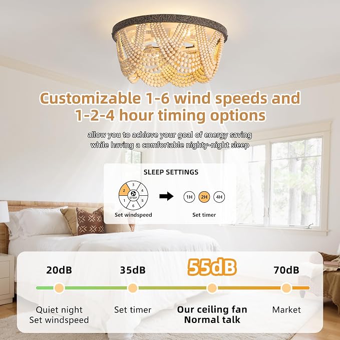 20" Boho Ceiling Fan with Light, Bohemian Caged Ceiling Fan with Lights and Remote Control, Wood Beaded Flush Mount with Reversible 6 Speeds for Bedroom, Nursery, Living Room, E26 Base, Indoor-Brown
