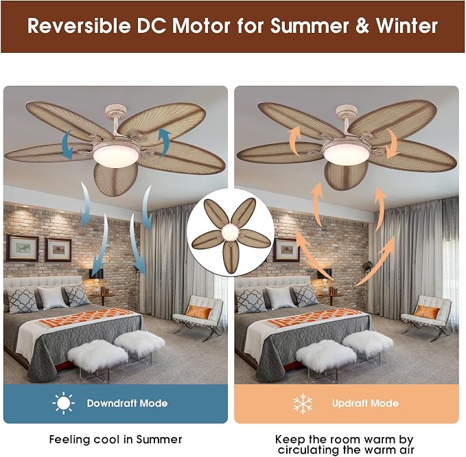 62"Large Unique Tropical Style Palm Leaf Ceiling Fans with Lights & Remote | Super Large Airflow with 6 Wind Speeds,Reversible,3 LED Light Colors,50W Quiet DC Motor,4H Timer,Suits for Living Room Patio