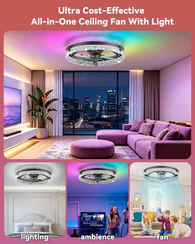 RGB Low Profile Ceiling Fan with Lights, Ceiling Fans with Lights and Remote, 3000-6500K Dimmable Modern Flush Mount LED Fan Lights, 6 Wind Speeds Ceiling Fans for Bedroom(Black-Cream)