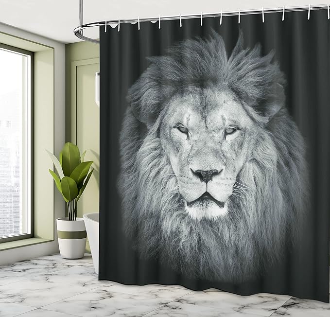 Ambesonne Savannah Shower Curtain, Huge Lion Head with Fure Mane Against Dark Background Monochromic, Cloth Fabric Bathroom Decor Set with Hooks, 69" W x 70" L, Green Grey