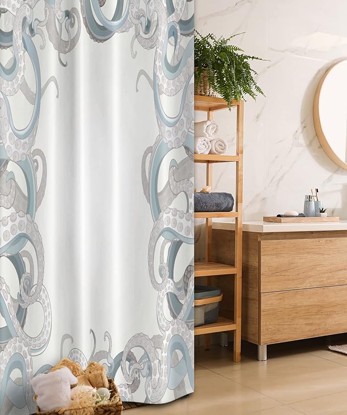 Ambesonne Octopus Stall Shower Curtain, Background of Octopus Tentacles Aquatic Under The Sea Art Illustration Marine Life, Fabric Bathroom Decor Set with Hooks, 36" W x 72" L, Grey Blue