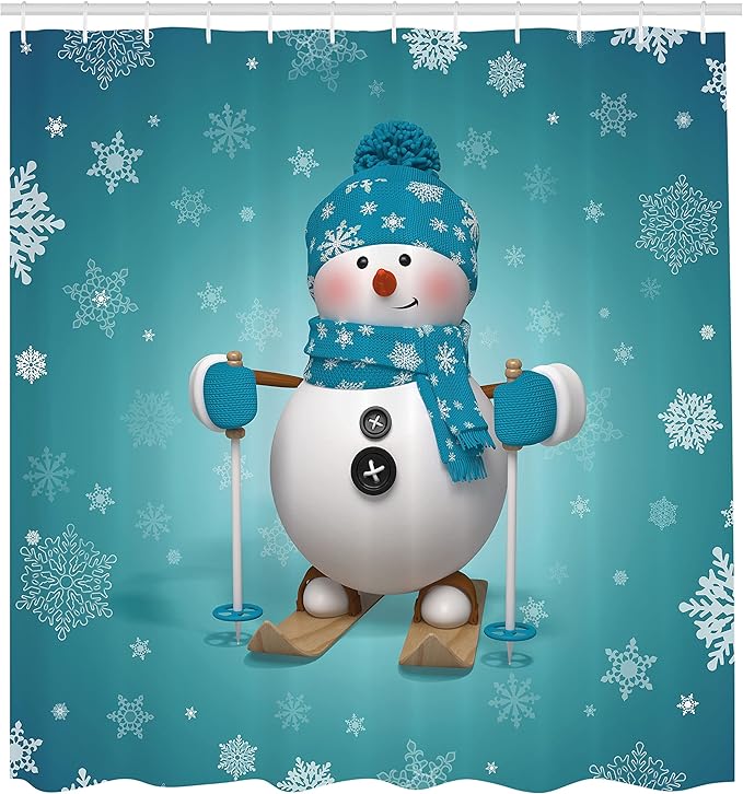 Ambesonne Snowman Shower Curtain, Skiing with Ornate Snowflakes Winter Vacation Activity Fun Hobby, Cloth Fabric Bathroom Decor Set with Hooks, 69" W x 75" L, Turquoise White Pale Brown
