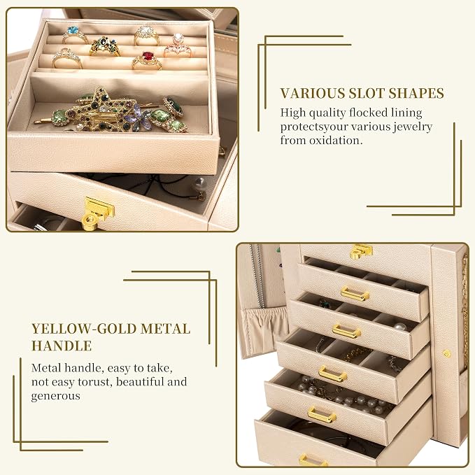 AKOZLIN 6-Tier Jewelry Box Organizer Functional 5 Drawers Leather Jewelry Storage Case for Women Girls Ring Necklace Earring Bracelet Holder Organizer with Mirror Champagne Regular