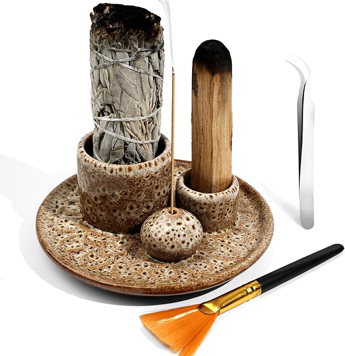 4 in 1 Incense Burner Holder,Sage Holder for Burning,Palo Santo Holder,Candle Holder,Ceramic Incense Burner Ash Catcher Tray for Meditation Yoga Room