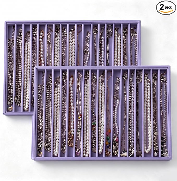 Large Velvet Jewelry Tray 2 Pack Stackable Jewelry Display Drawer Inserts Trays Organizer for Earring Bracelet Necklace Ring (Purple, 16 Grids)