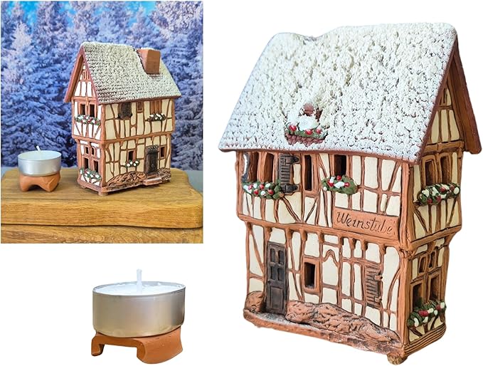 Ceramic Houses and Villages Collection - Handmade House Miniature of Historic Winery in Bernkastel-Kues, Germany - Candle, Cone Incense Holder R255, Winter Edition