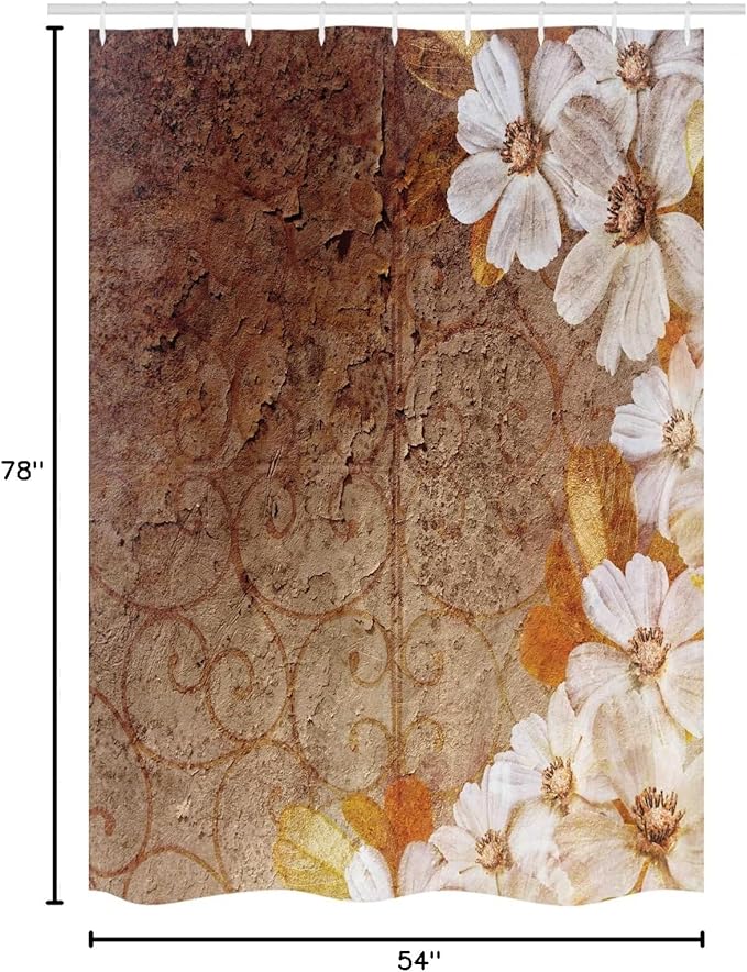 Ambesonne Grunge Stall Shower Curtain, Flowers and Leaves Pattern on Cracked Wall with Floral Lines Classic Design, Fabric Bathroom Decor Set with Hooks, 54" W x 78" L, White Brown