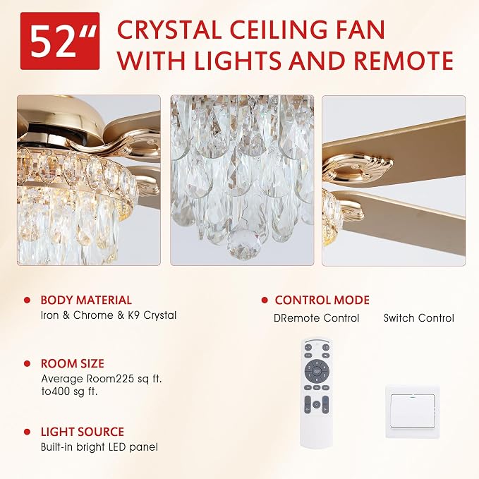 GJeg Crystal Ceiling Fan Fandelier with Lights-Ceiling Fans with Remote Control,Modern Ceiling Fan with Noiseless DC Reversible Motor,Dining Room,Living Room(52" Gold)
