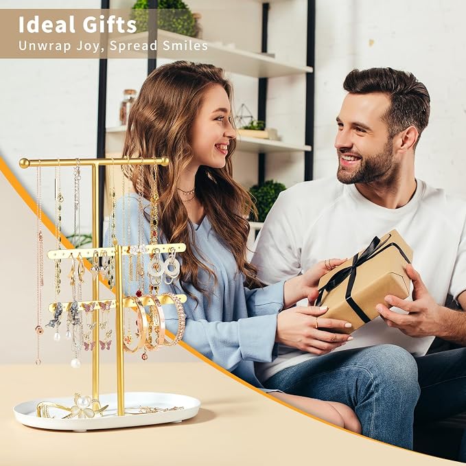 Saydear 3-Tier Jewelry Organizer Stand, Earring Holder Necklace Tree | Gold Metal Earring Rails With Top Necklace Bar, White Oval Tray Base, Ideal Vanity Dresser Decor, Gift For Her