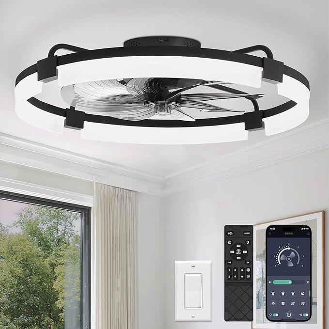 LEDIARY 24" Ceiling Fans with Lights and Remote, Modern Low Profile Ceiling Fan, 3 CCT, Stepless Dimmable, Fandelier Flush Mount Fan Light, 6 Speeds, DC Motor, App & Remote Control for Bedroom(Black)