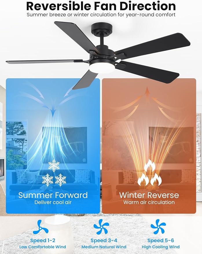 52 Inch Ceiling Fan with Lights and Remote, Downrod Mount, Sloped Ceiling Compatible up to 15°, Quiet Reversible DC Motor, 3CCT Dimmable LED, Black Ceiling Fan for Bedroom Living Room
