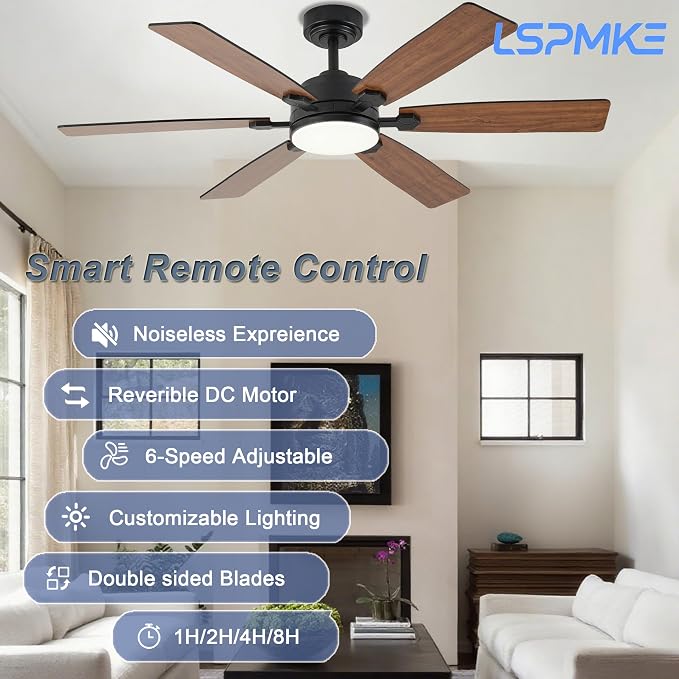 Ceiling Fans with Lights, 52" Ceiling Fan with Light and Remote Control, Reversible DC Motor, 3CCT, Dimmable, Timer, Noiseless, Brown Ceiling Fan for Bedroom Living Room, Indoor/Outdoor Use