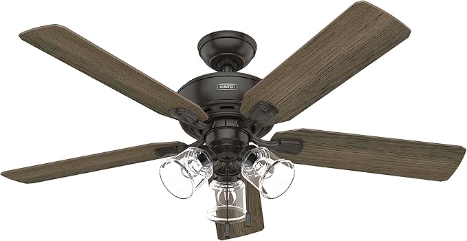 Hunter Rosner, Indoor, Ceiling Fan, Standard Mount, 52 inch, Noble Bronze | with LED Lights and Pull Chain, 5 Blades, For Bedroom, Living Room, Kitchen, 3 inch Downrod, 52345