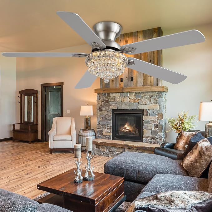 GJeg Crystal Ceiling Fan Fandelier with Lights-Ceiling Fans with Remote Control,Modern Ceiling Fan with Noiseless DC Reversible Motor,Dining Room,Living Room(52" Nickel)