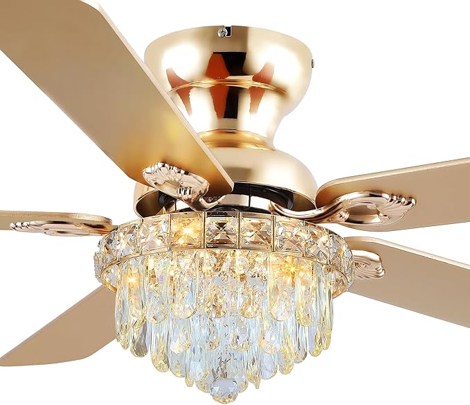 GJeg Crystal Ceiling Fan Fandelier with Lights-Ceiling Fans with Remote Control,Modern Ceiling Fan with Noiseless DC Reversible Motor,Dining Room,Living Room(52" Gold)