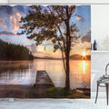Ambesonne Seascape Shower Curtain, Shore of Seventh Lake Tree Sunbeam at Sunset Water Reflection Tranquility, Cloth Fabric Bathroom Decor Set with Hooks, 69" W x 70" L, Brown Peach