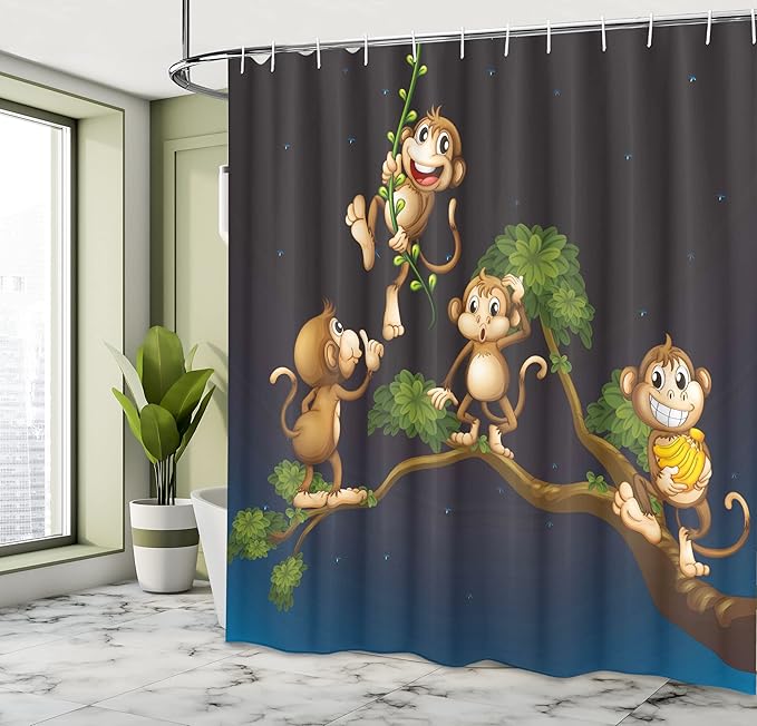Ambesonne Nature Shower Curtain, Inspired by an Animal Theme Illustration of 4 Monkeys on The Tree Branch Monstera Style of Artwork, Cloth Fabric Bathroom Set with Hooks, 69" W x 70" L, Blue Caramel