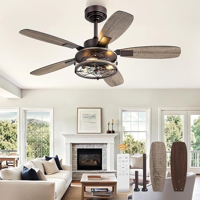 Fanbulous Farmhouse Ceiling Fan with Light and Remote, Industrial Caged Flush Mount Ceiling Fans with 6 Speed Reversible Motor and Dual Finish 5 Blades, for Living room, Bedroom (Oil Bronze, 42 Inch)