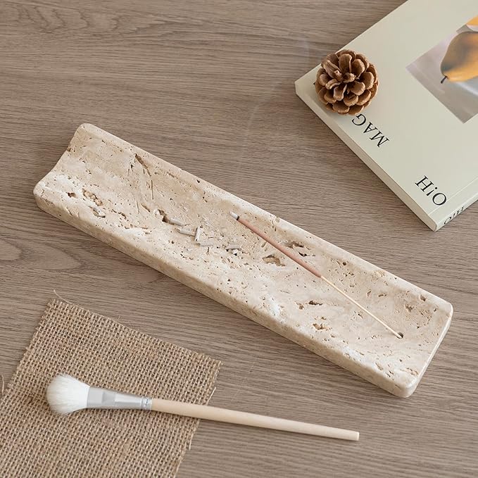 Marble Incense Holder Burner-Natural Stone Stick Incense Tray with Ash Catcher，20 Sticks & Brush - Elegant Decor for Meditation, Yoga, Home,Gift(Beige Travertine)