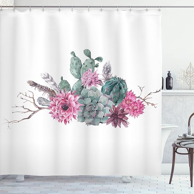 Ambesonne Succulent Shower Curtain, Feathers Flowers Cacti Hipster Elements Vintage Fashion, Cloth Fabric Bathroom Decor Set with Hooks, 69" W x 70" L, Green Pink