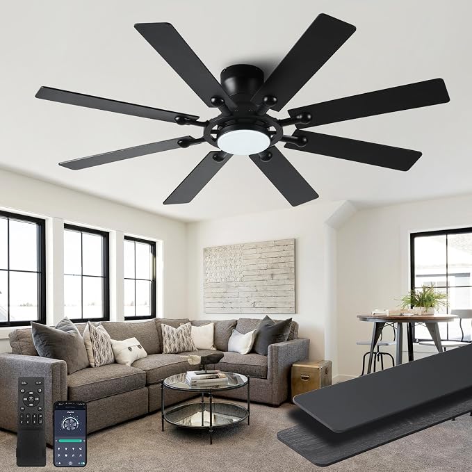 Ceiling Fans with Lights, 54 inch Low Profile Ceiling Fan with Light and Remote Control, Flush Mount Ceiling Fan for Bedroom, Living Room, Reversible, 3CCT, Dimmable, Noiseless DC Motor, Black
