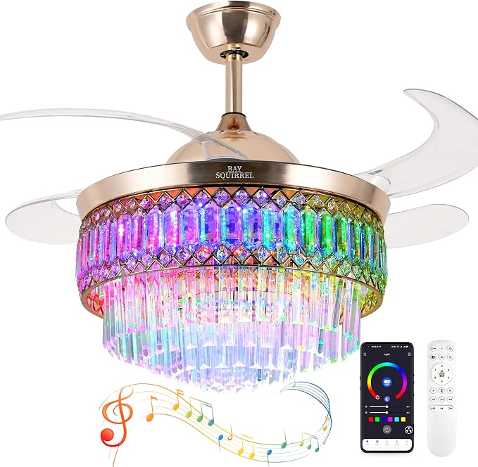 Retractable Crystal Ceiling Fan with Lights and Remote/APP Control, Bluetooth Ceiling Fan with Speaker, 6-Speed Reversible Blades, RGB Light, Invisible Fandelier for Bedroom Dinning Room 42"