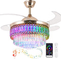 Retractable Crystal Ceiling Fan with Lights and Remote/APP Control, Bluetooth Ceiling Fan with Speaker, 6-Speed Reversible Blades, RGB Light, Invisible Fandelier for Bedroom Dinning Room 42"